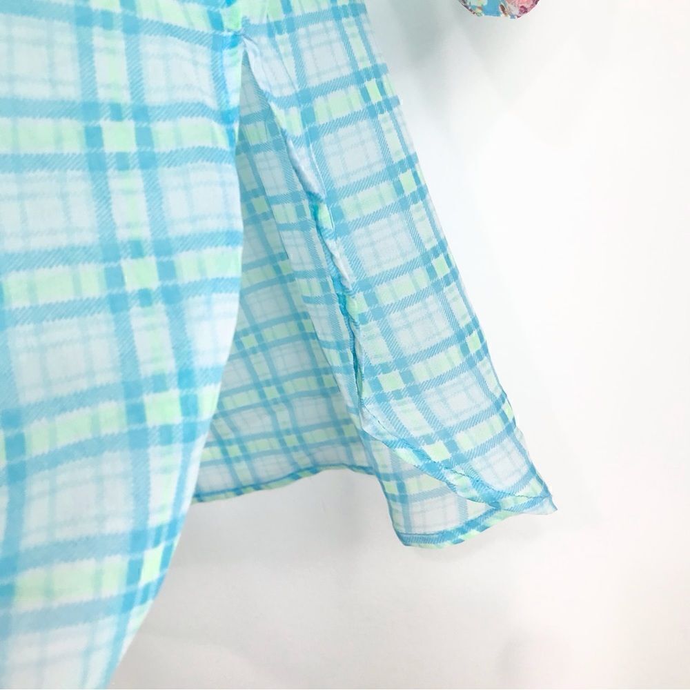 Truth Plaid Floral Teal Semi Sheer Button Down Cottagecore Blouse - Picture 9 of 13
